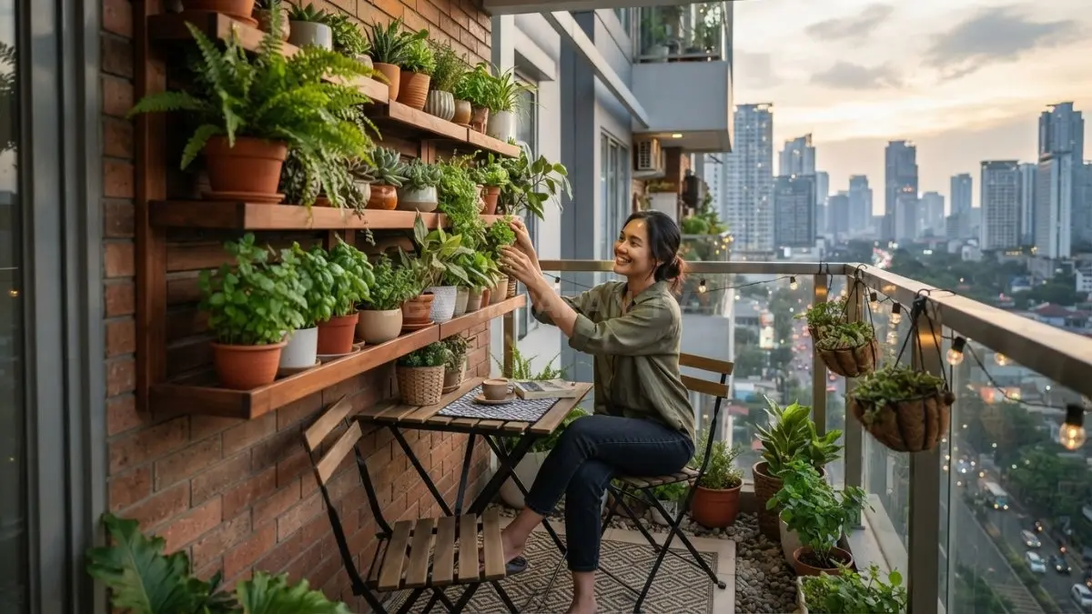 Balkon apartemen hemat ruang dipercantik tanaman vertikal menciptakan area hijau modern, rapi, dan nyaman (BTV/AI)
