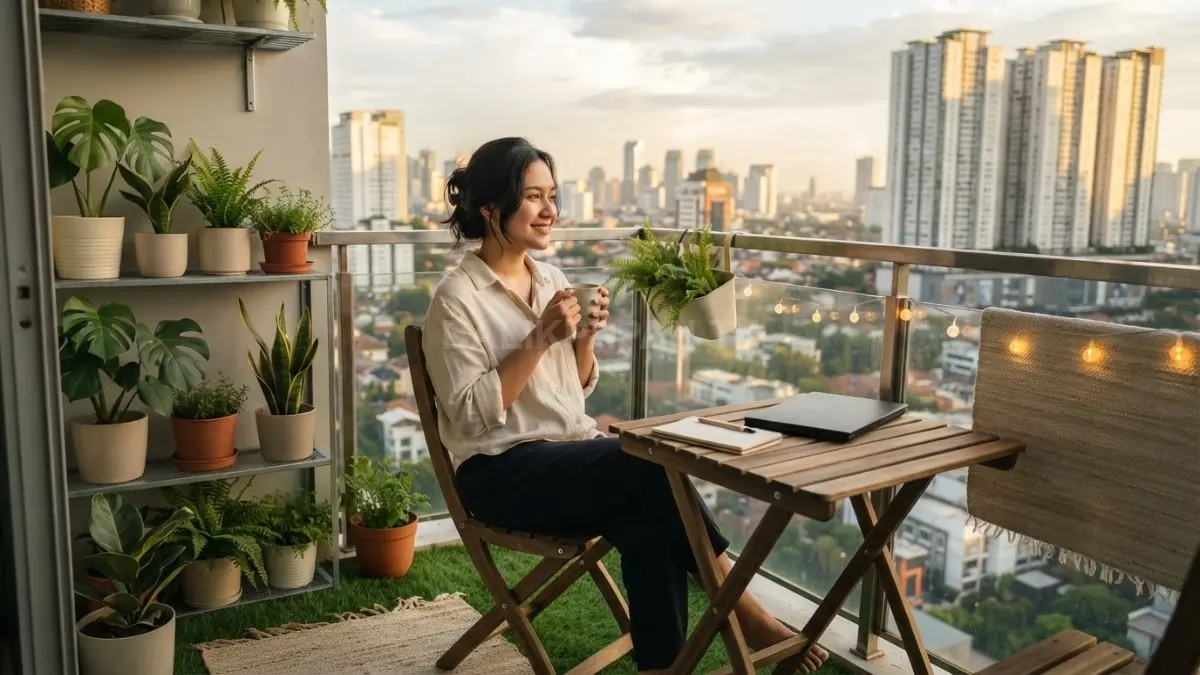 Balkon apartemen minimalis dihias tanaman hijau, furnitur sederhana, dan lampu hangat nyaman multifungsi (BTV/AI)
