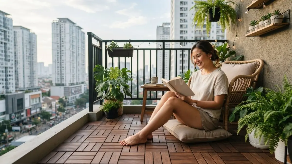 Balkon apartemen tampil nyaman dengan lantai dekoratif bongkar pasang bermotif kayu yang praktis dan hemat (BTV/AI)
