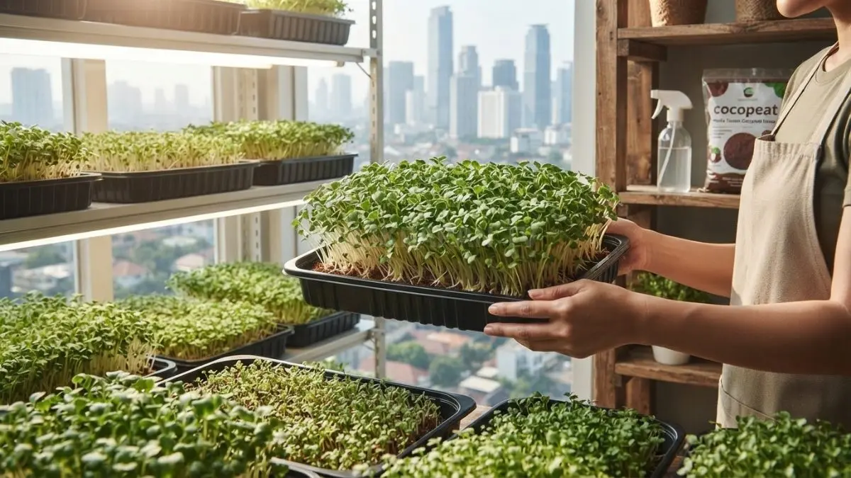 Benih lobak microgreens berkecambah subur pada media cocopeat, cocok untuk urban farming di hunian vertikal modern (BTV/AI)
