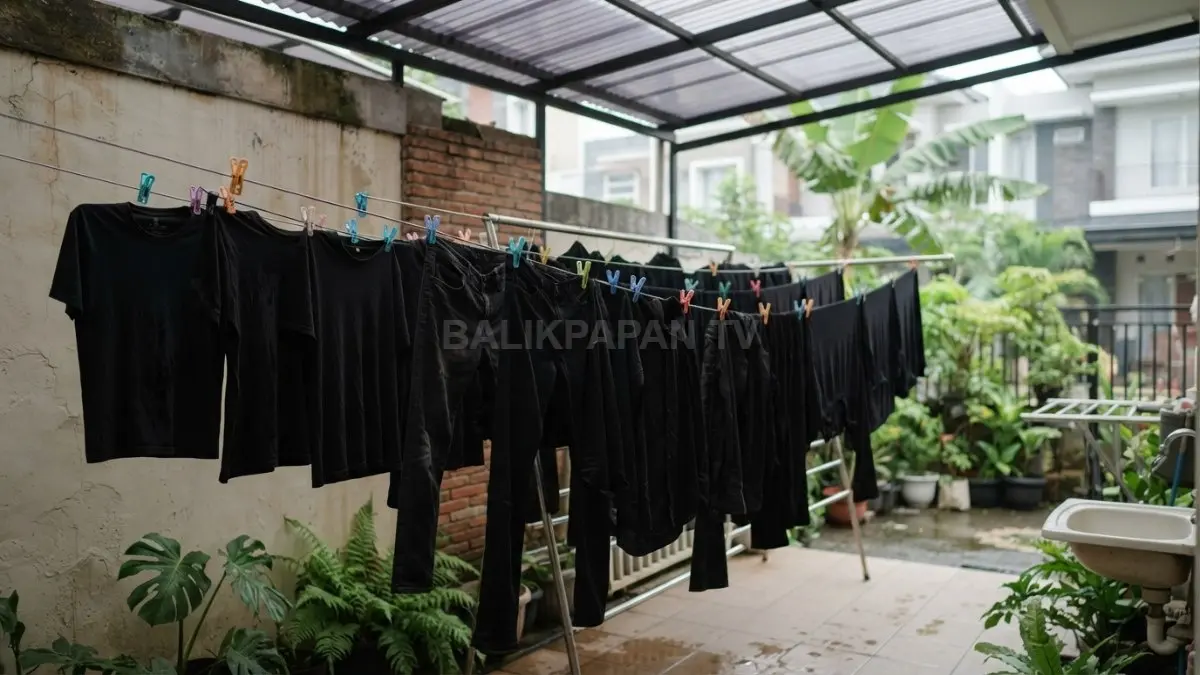 Beragam pakaian hitam dijemur di tempat teduh dengan sirkulasi udara yang baik agar warna tidak cepat pudar. (BTV/AI)