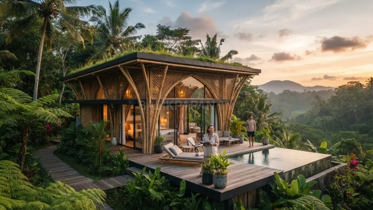Berikut keterangan gambar **15 kata** yang diakhiri **[BTV:AI]**:

Rumah bambu modern menghadirkan desain ramah lingkungan dengan nuansa alami, nyaman, estetis, berkelanjutan untuk hunian masa depan. [BTV:AI]
