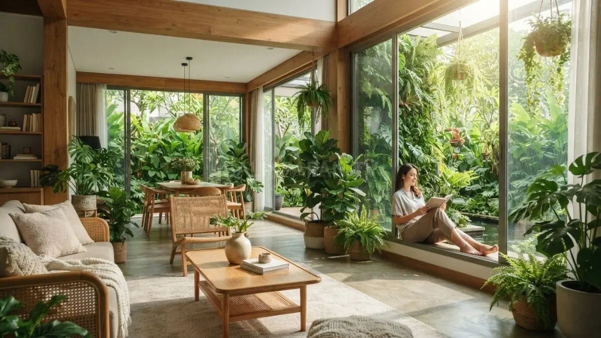 Biophilic design menghadirkan rumah sehat melalui cahaya alami tanaman ventilasi optimal berkelanjutan nyaman harmonis [BTV:AI]