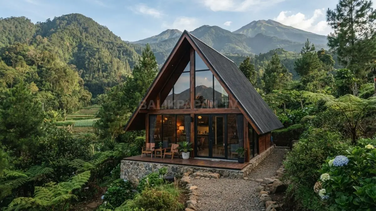 (BTV/AI)Bentuk segitiga rumah A-Frame menciptakan struktur kokoh, ruang lapang, dan karakter visual ikonik. (BTV/AI)