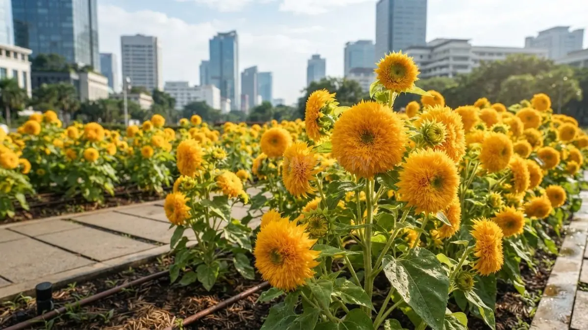 Bunga matahari Teddy Bear berwarna kuning keemasan menghiasi teras mungil dengan tampilan unik memikat. (BTV/AI)