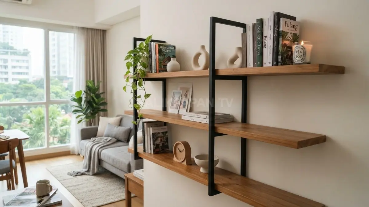 Desain rak industrial berpadu kayu natural memperkuat karakter interior tanpa mengurangi kesan hangat dan nyaman bersama. (BTV/AI)