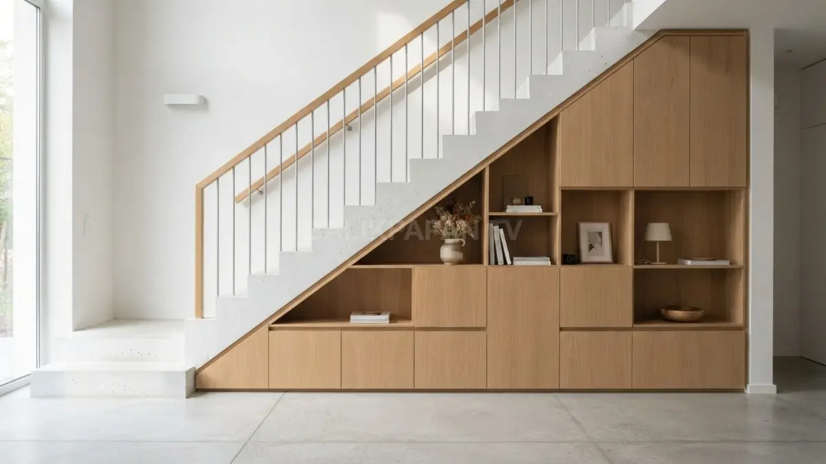 Desain visual interior lemari modular minimalis yang menyatu rapi dengan dinding tangga semen berwarna putih bersih. (BTV/Ai)