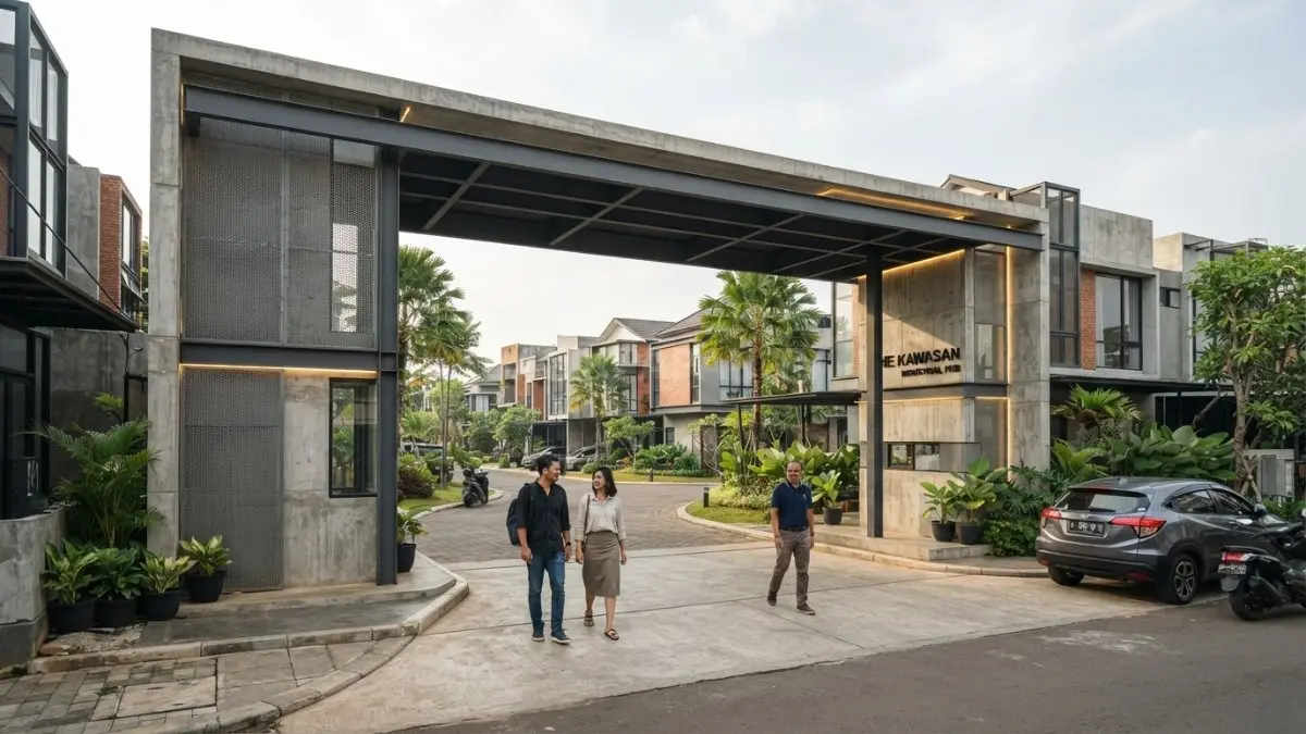 Gapura bergaya industrial memadukan beton ekspos, baja, dan warna monokrom dengan karakter kokoh modern estetis (BTV/AI)
