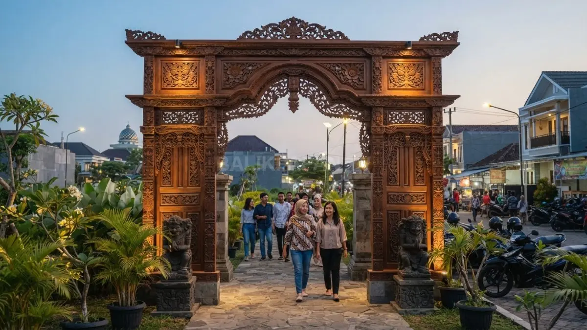 Gapura bernuansa tradisional menghadirkan ukiran khas daerah, tampilan estetis, kokoh, dan memperkuat identitas kawasan budaya (BTV/AI)

