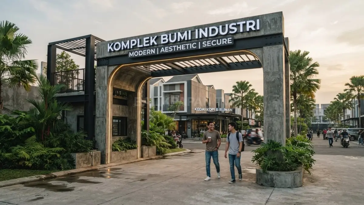 Gapura kokoh memadukan beton bertulang, batu alam, baja galvanis, dan desain estetis berkarakter tahan cuaca (BTV/AI)
