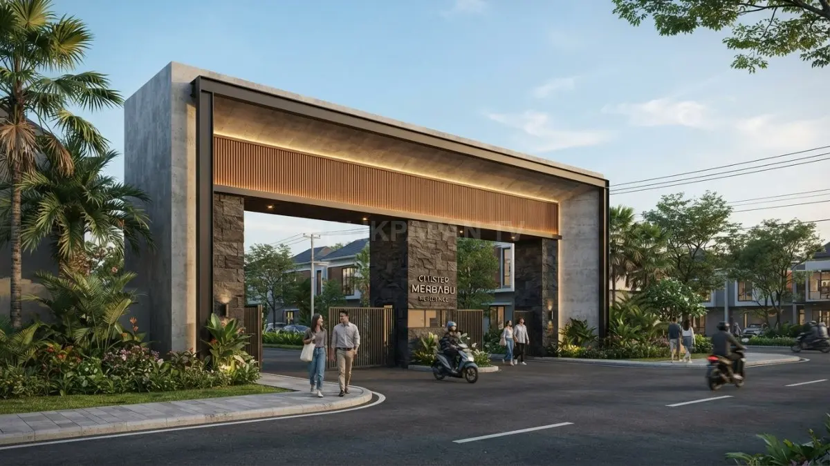 Gapura minimalis modern memadukan beton, batu alam, dan pencahayaan artistik menghadirkan kesan elegan serta kokoh berkarakter (BTV/AI)
