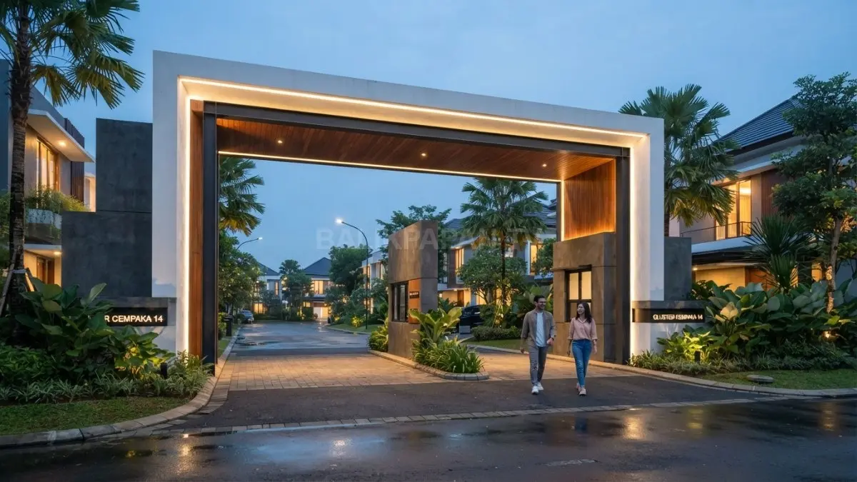 Gapura minimalis modern menghadirkan desain elegan dengan garis tegas, aksen kayu, dan pencahayaan LED estetis (BTV/AI)
