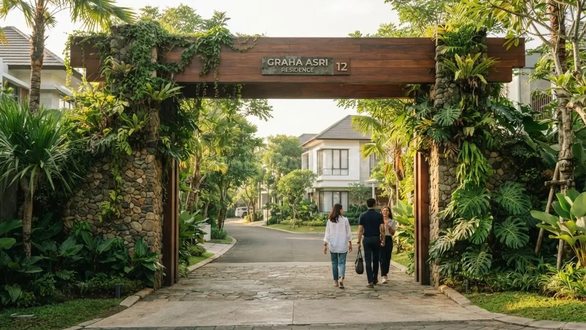 Gapura tropis memadukan kayu, batu alam, dan tanaman hijau menciptakan tampilan asri, kokoh, serta estetis (BTV/AI)
