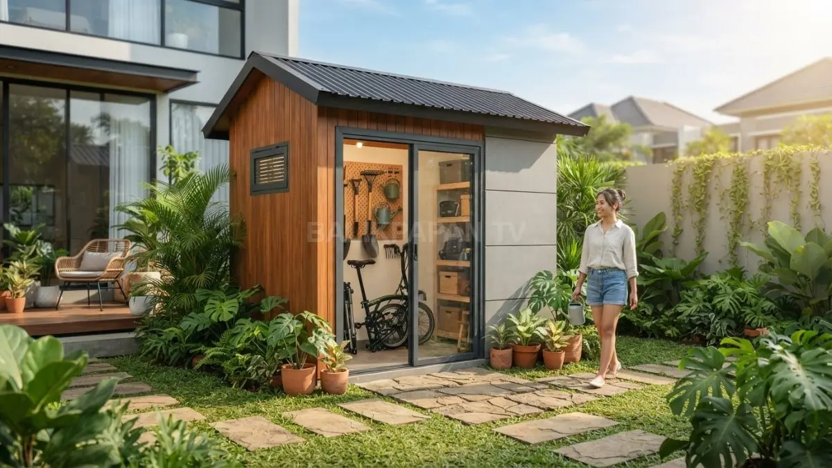 Gudang mini belakang rumah membantu penyimpanan lebih rapi tanpa mengurangi kenyamanan dan estetika hunian bersama. (BTV/AI)