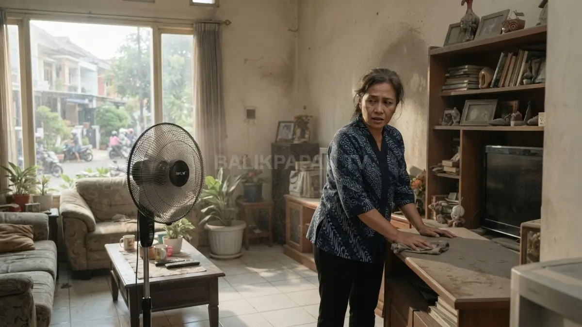 Ilustrasi arah aliran kipas yang mendorong debu menuju ventilasi keluar rumah. (BTV/AI)