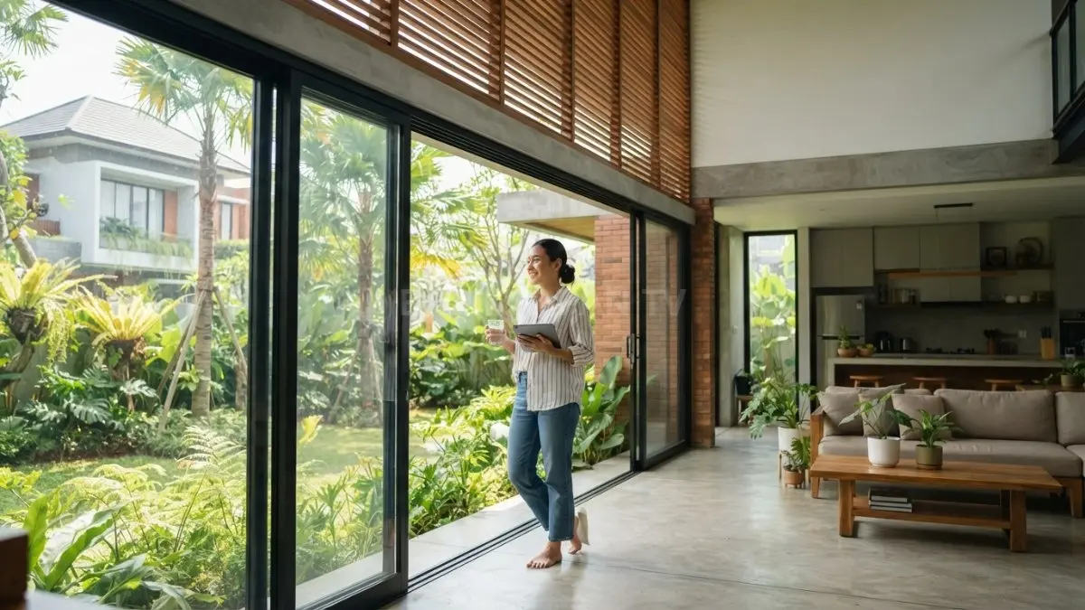 Jendela besar dan kisi-kisi udara membantu pertukaran udara alami pada rumah beriklim tropis. (BTV/AI)