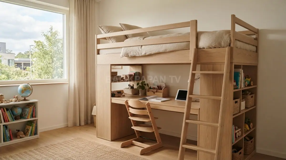 Kamar tidur anak bernuansa minimalis kayu terang dengan ranjang panggung tinggi yang bagian bawahnya diisi meja belajar rapi. (BTV/Ai)