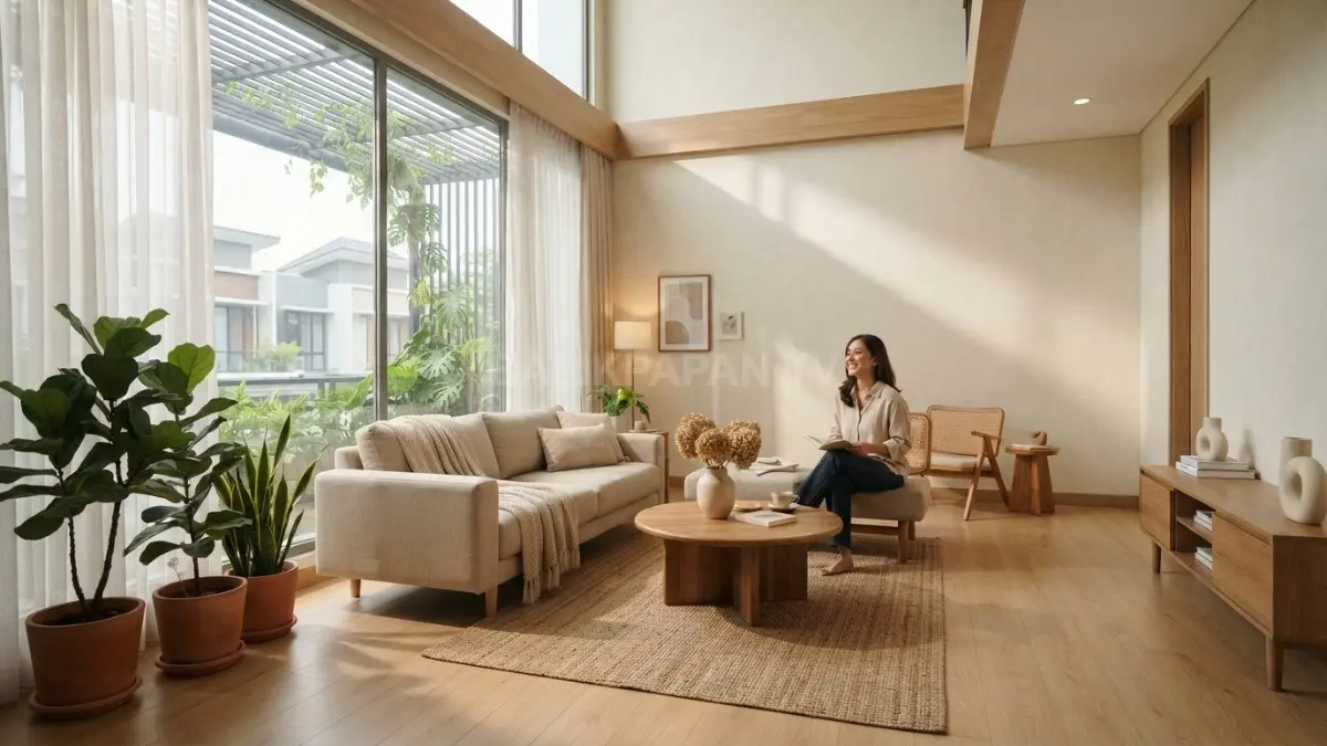 Kanopi, tirai terang, dan kaca film efektif menghalangi panas matahari tanpa mengurangi cahaya alami di rumah. (BTV/AI)