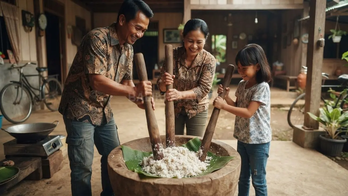 Keluarga masyarakat Dayak menumbuk beras bersama menggunakan lesung tradisional untuk membuat Kenta. (BTV/AI)