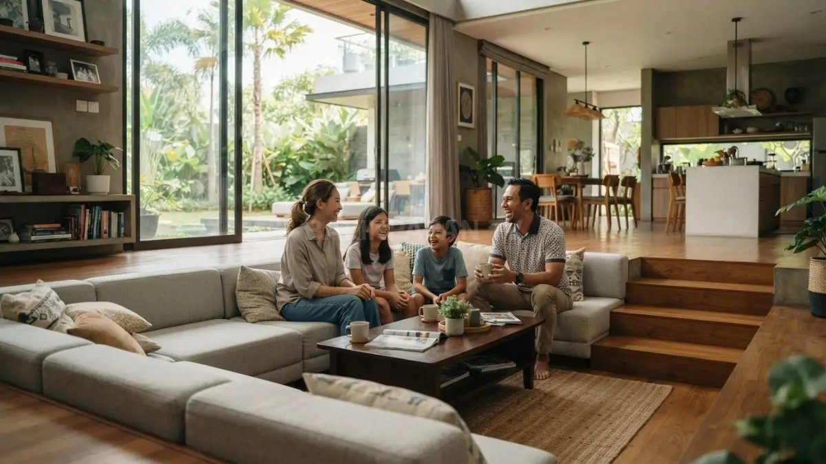 Keluarga sedang berkumpul dan berbincang santai di area Sunken Living Room yang hangat dan terbuka tanpa sekat dinding. (BTV/AI)