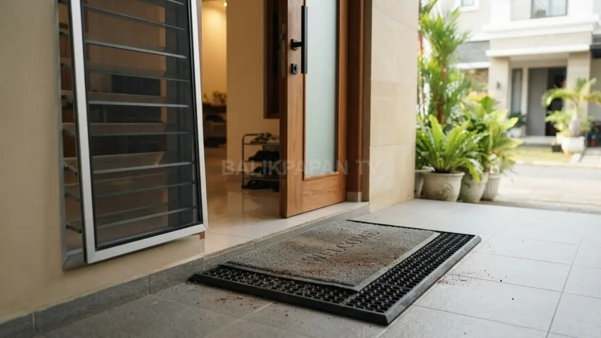 Keset dua lapis di pintu rumah dengan ventilasi terbuka yang membantu menahan debu sebelum masuk ruangan. (BTV/AI)