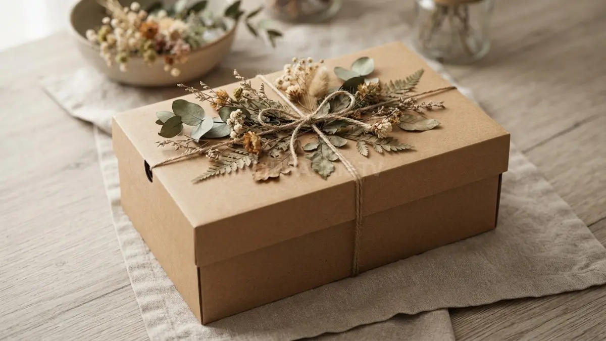Kotak sepatu bekas dihias daun kering menjadi wadah hantaran eksklusif ramah lingkungan yang menawan. (BTV/Ai)