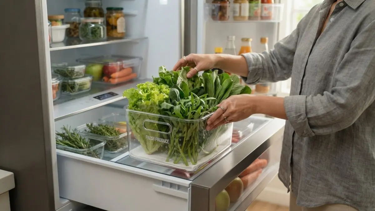 Lapisan tisu dapur dalam wadah membantu menyerap embun sehingga daun sayuran tidak cepat membusuk bersama. (BTV/AI)