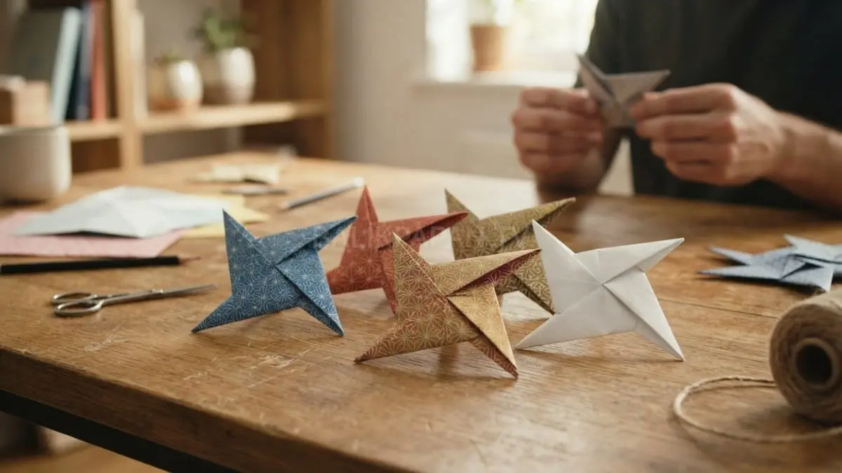 Lipatan origami membentuk shuriken kertas rapi melatih kreativitas ketelitian serta koordinasi tangan dengan mudah menyenangkan [BTV:AI]
