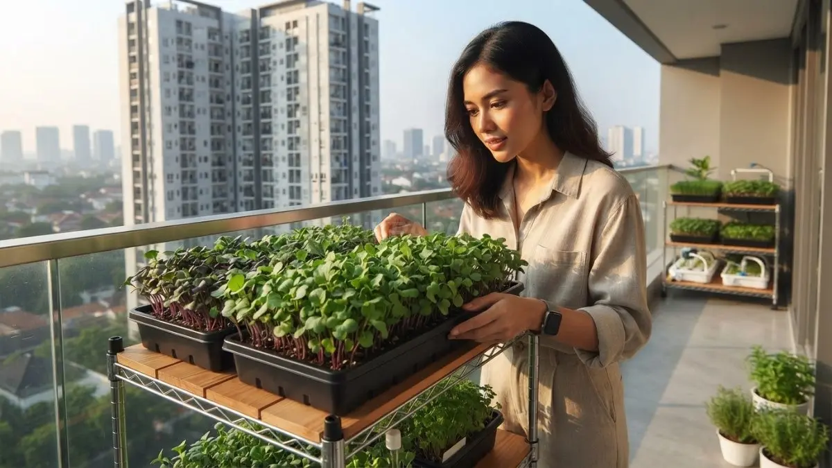 Lobak microgreens tumbuh subur pada rak hidroponik mini, solusi urban farming praktis di rumah susun modern (BTV/AI)
