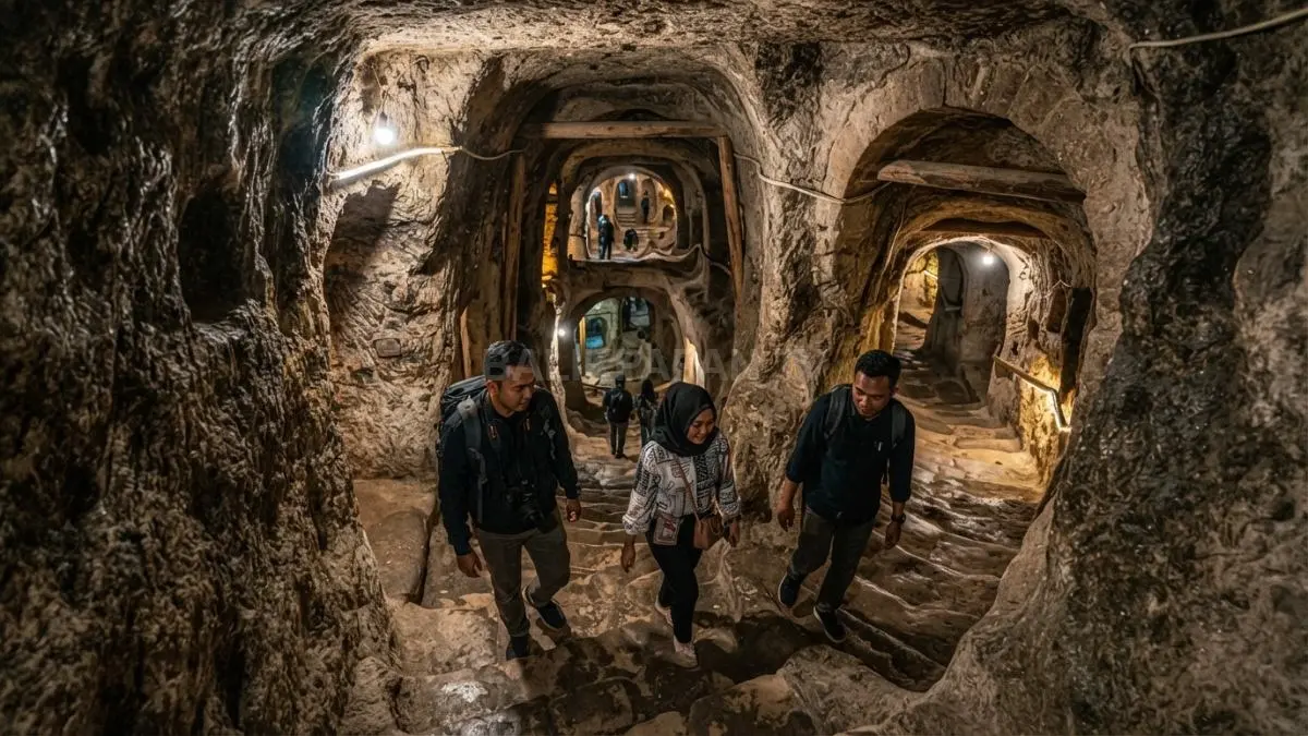 Lorong utama Derinkuyu Underground City yang memperlihatkan kompleks kota bawah tanah sedalam 85 meter. (BTV/AI)