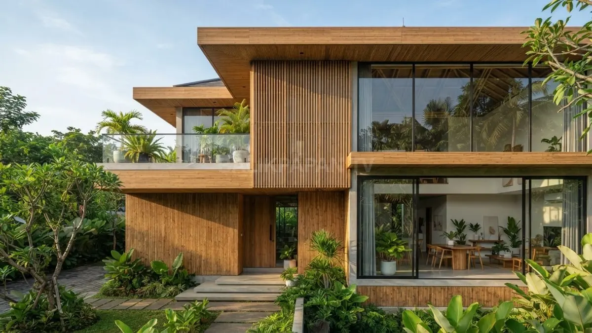 Material bambu rekayasa membantu mengurangi panas sekaligus memperkuat karakter alami rumah modern tropis Indonesia bersama. (BTV/AI)