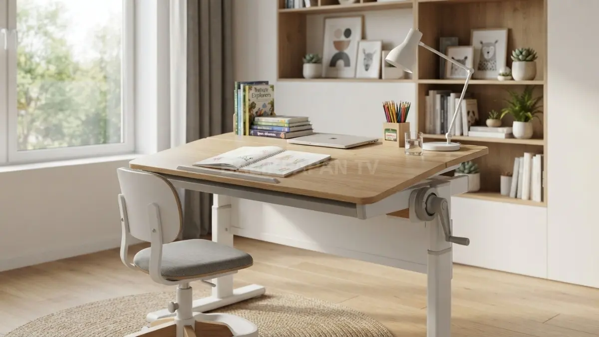 Meja belajar ergonomis fleksibel ini menjaga postur tubuh anak sekaligus menjadi investasi furnitur jangka panjang. (BTV/Ai)
