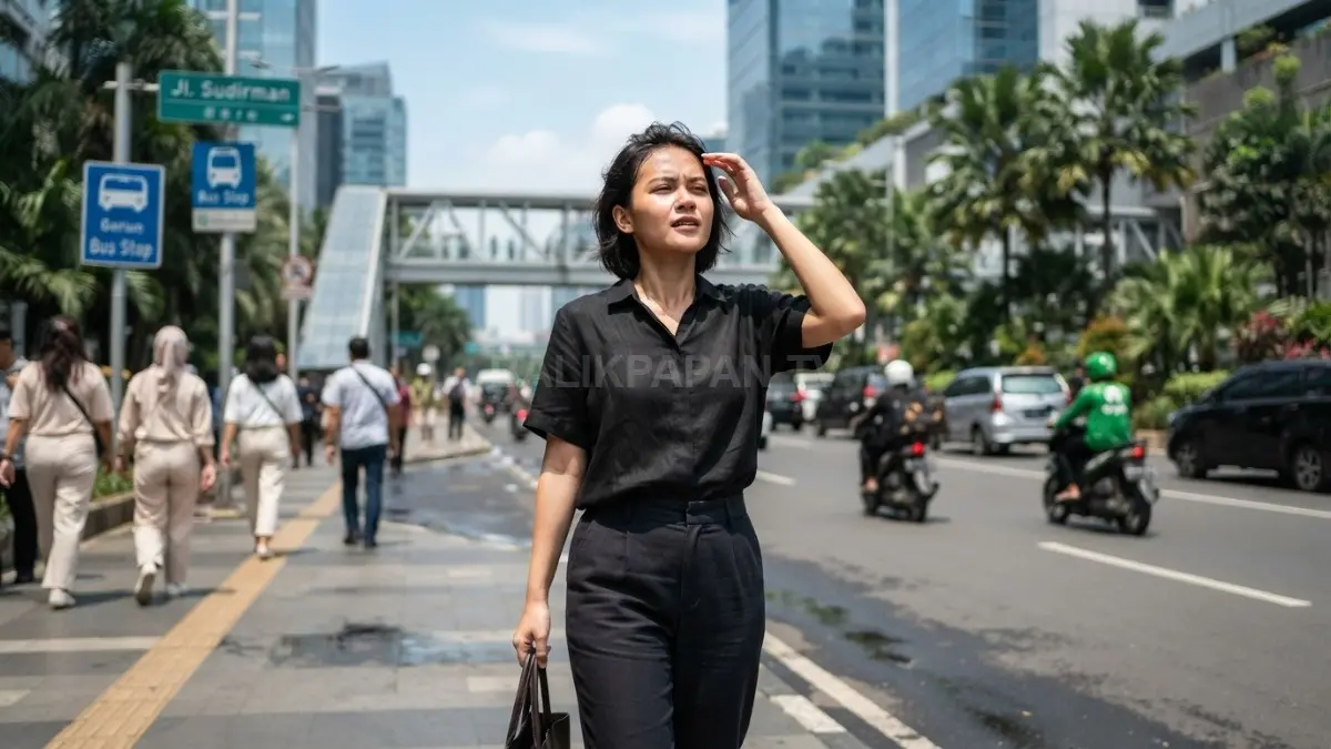 Model mengenakan pakaian hitam di bawah sinar matahari, menggambarkan pengaruh warna terhadap kenyamanan berpakaian (BTV/AI)