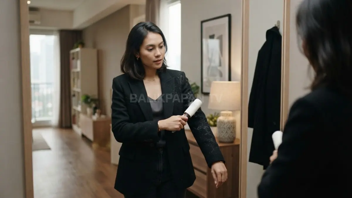 Pakaian hitam memperlihatkan debu dan serat terang sehingga memerlukan lint roller sebelum digunakan (BTV/AI)