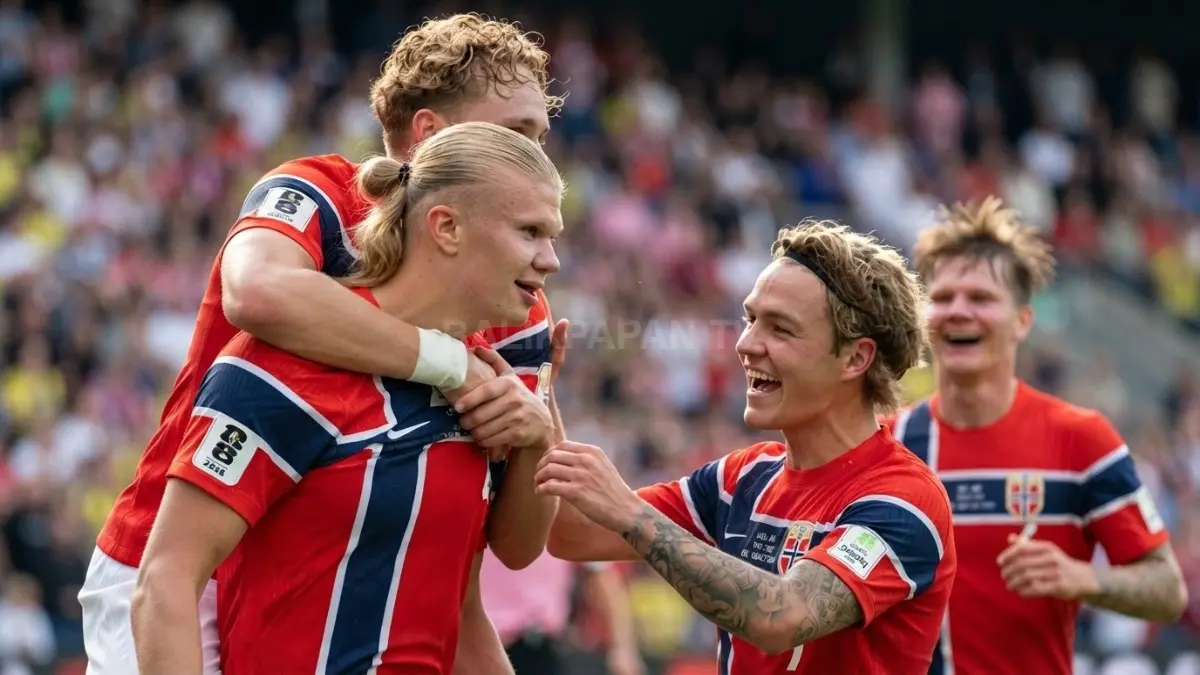 Pemain Norwegia merayakan kemenangan atas Brasil dalam pertandingan yang menyita perhatian. (BTV/Ai)