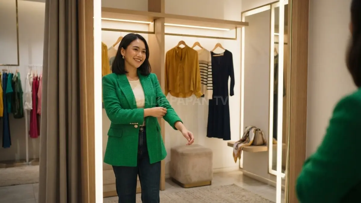 Pencahayaan ruang ganti toko fashion dirancang untuk menampilkan warna pakaian lebih menarik. (BTV/AI)