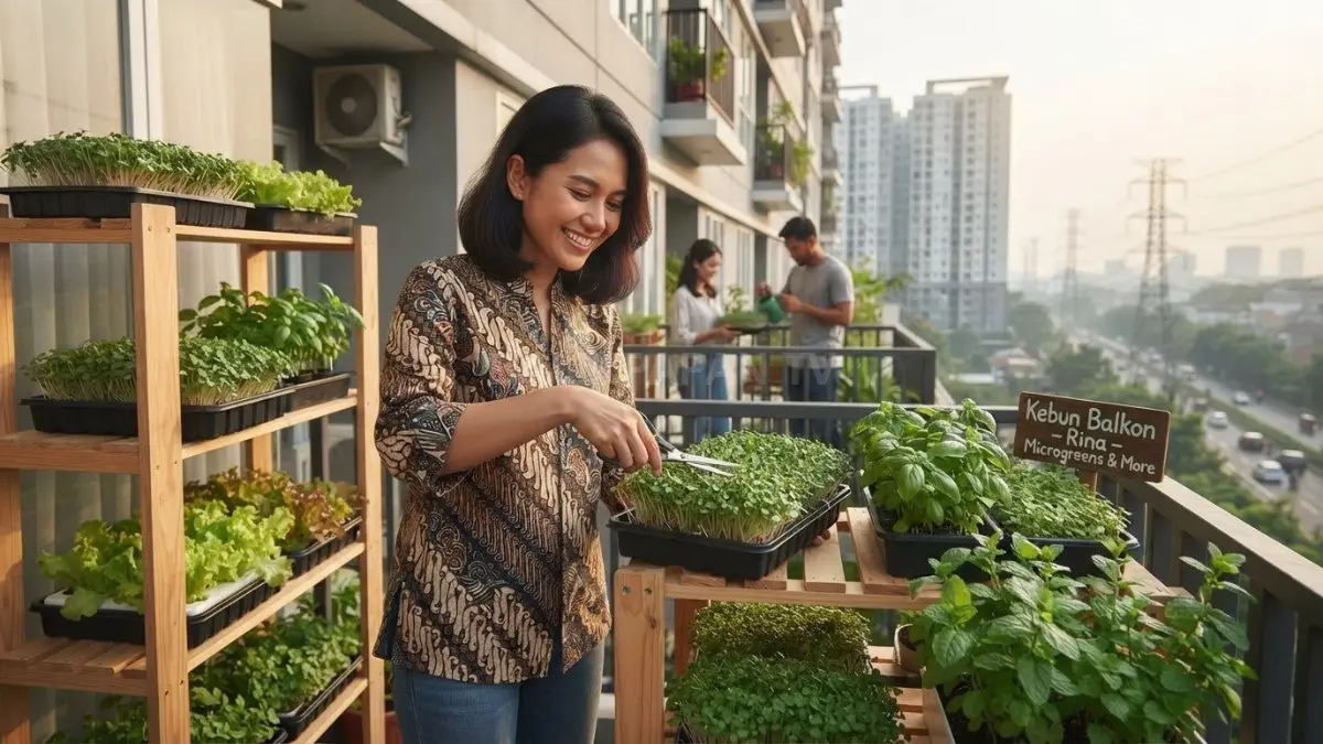 Penghuni rumah susun memanen lobak microgreens sebagai hasil urban farming sehat, produktif, dan ramah lingkungan berkelanjutan (BTV/AI)
