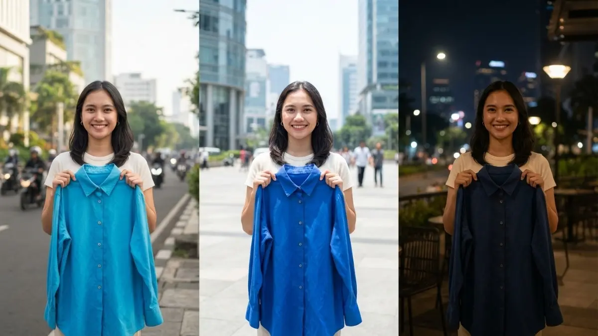 Perbandingan tampilan warna pakaian yang sama di bawah cahaya pagi, siang, dan malam hari. (BTV/AI)