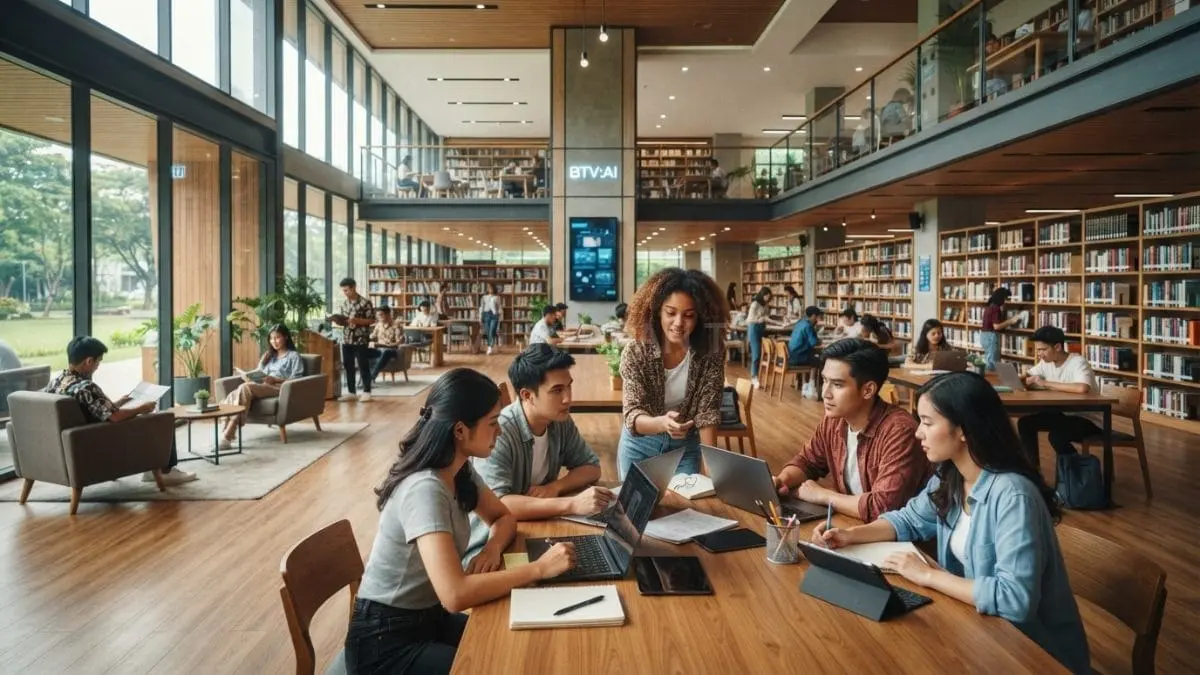Perpustakaan modern berkonsep terbuka menghadirkan ruang nyaman untuk membaca belajar berkolaborasi produktif setiap hari bersama [BTV:AI]
