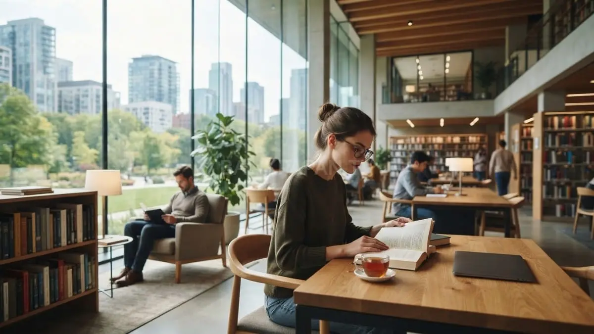 Perpustakaan modern nyaman dengan pencahayaan alami menghadirkan pengalaman membaca lebih fokus dan menyenangkan setiap hari [BTV:AI]
