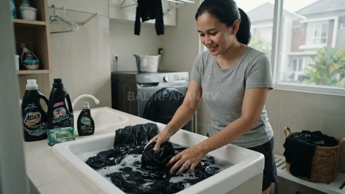 Proses mencuci pakaian hitam secara terpisah menggunakan deterjen khusus untuk menjaga ketahanan warna. (BTV/AI)