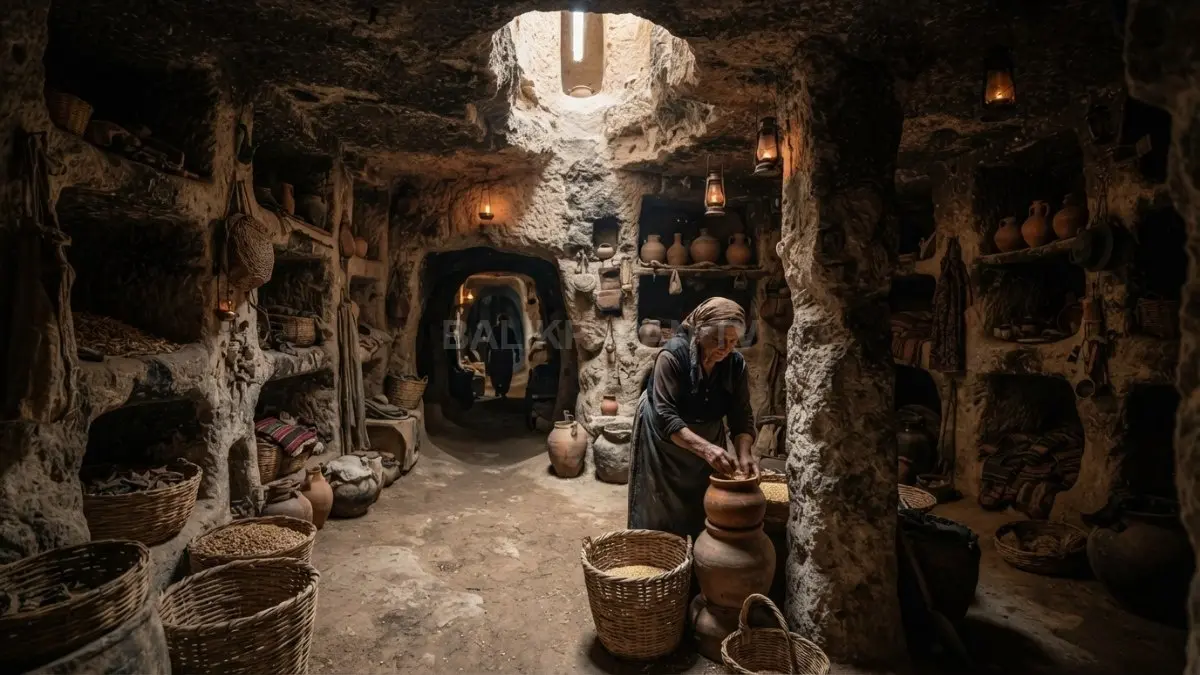 Ruang penyimpanan dan area kehidupan masyarakat kuno di bawah permukaan Cappadocia. (BTV/AI)