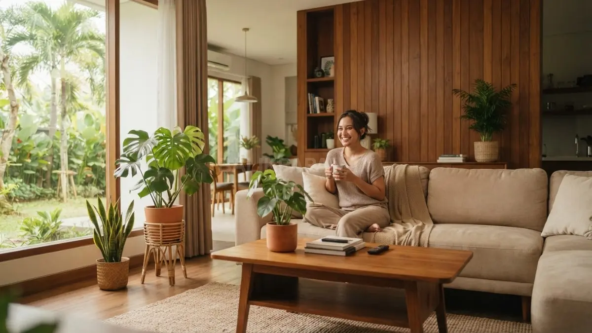 Ruang tamu bernuansa kayu dipadukan tanaman indoor menghadirkan suasana hangat, alami, nyaman, dan menyegarkan setiap hari (BTV/AI)
