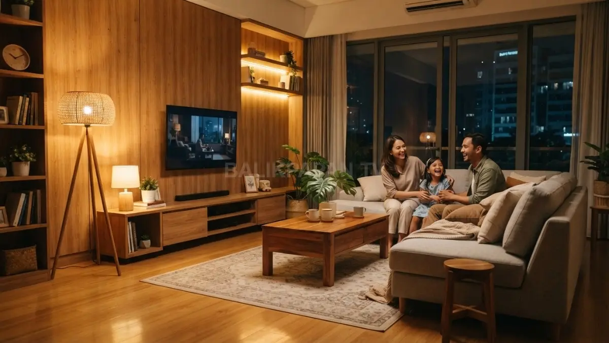Ruang tamu bernuansa kayu dipertegas pencahayaan hangat menciptakan suasana nyaman dan elegan keluarga (BTV/AI)
