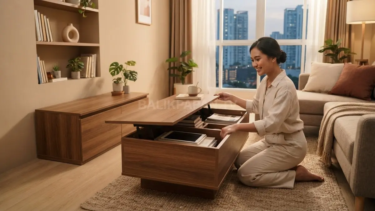 Ruang tamu bernuansa kayu menggunakan furnitur multifungsi untuk menciptakan hunian hangat, rapi, dan nyaman (BTV/AI)
