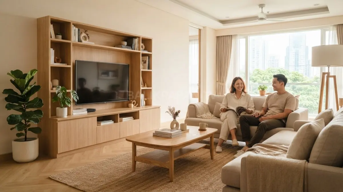 Ruang tamu bernuansa kayu natural menghadirkan suasana hangat, luas, nyaman, dan elegan dengan tanaman indoor (BTV/AI)
