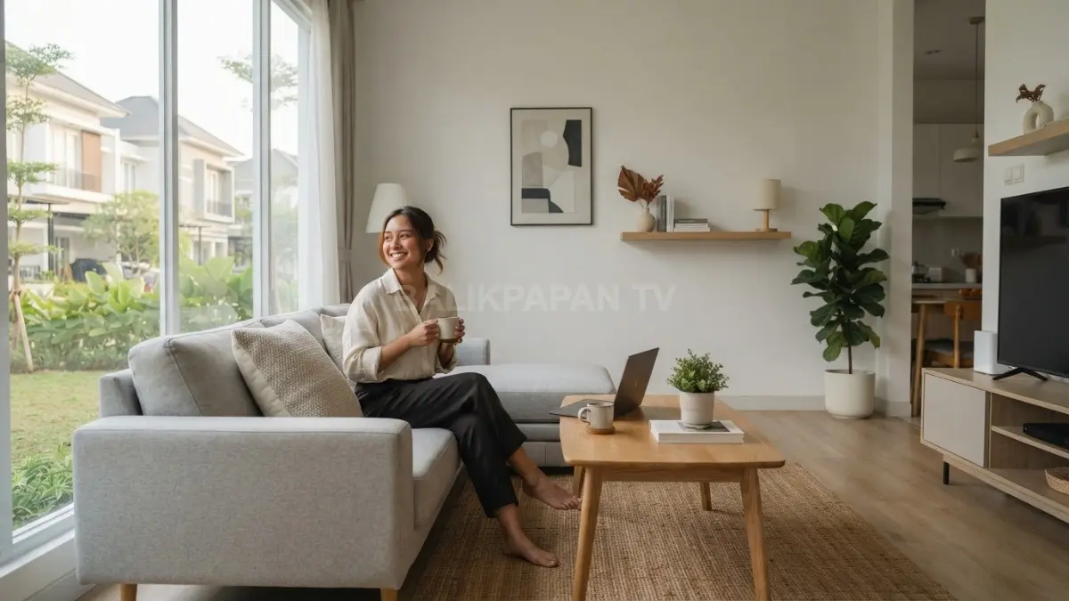 Ruang tamu rumah minimalis dengan perpaduan furnitur sederhana, pencahayaan alami, dan dekorasi yang seimbang. (BTV/AI)