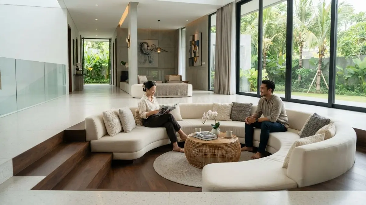 Ruang tamu Sunken Living Room bergaya modern minimalis dengan sofa melingkar yang berada dua anak tangga lebih rendah dari lantai utama rumah. (BTV/AI)