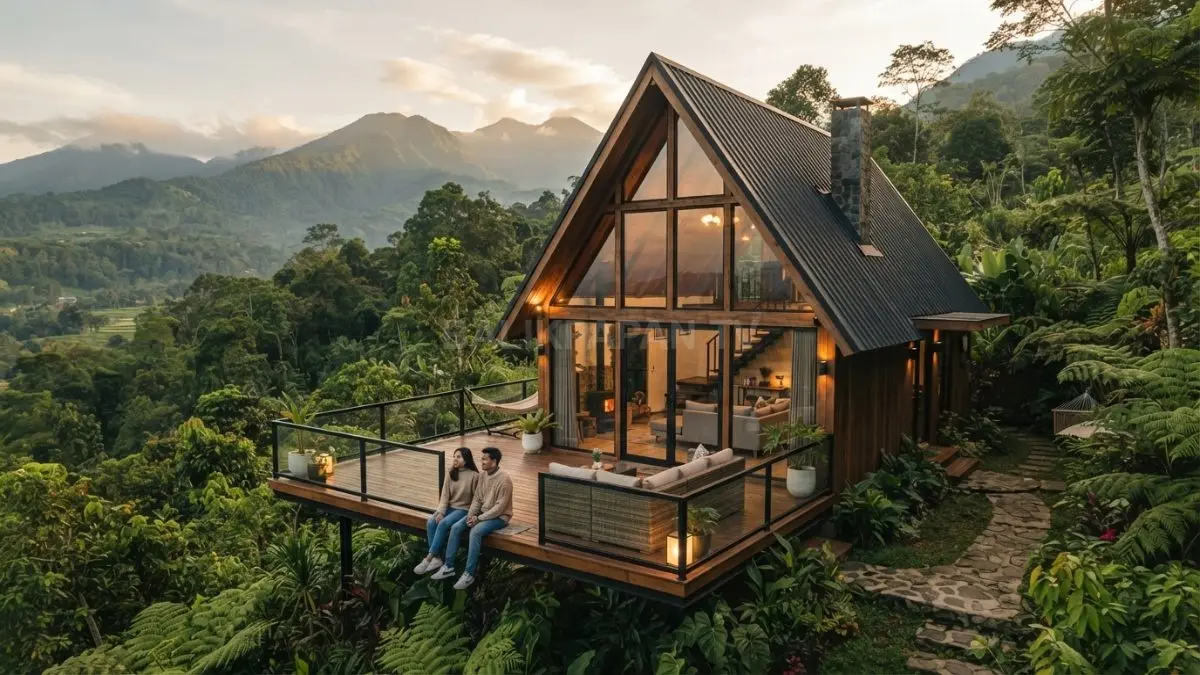 Rumah A-Frame menghadirkan karakter ikonik, menyatu dengan alam, dan tetap nyaman untuk beristirahat. (BTV/AI)