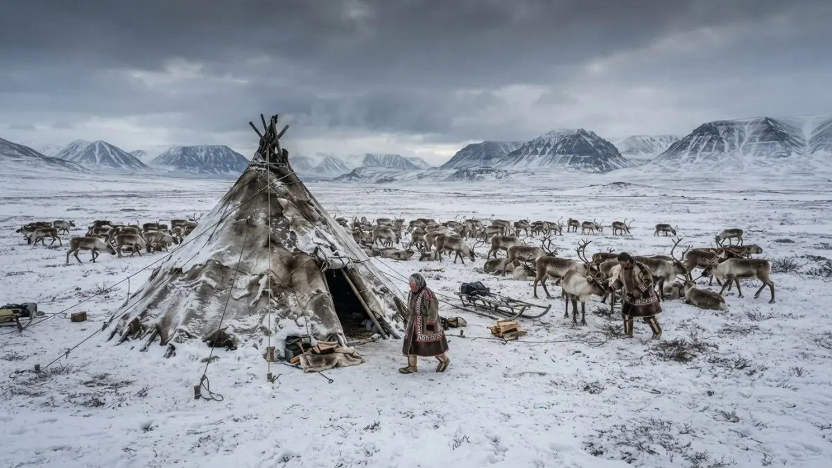 Rumah chum tradisional masyarakat Nenets berdiri di tengah tundra Arktik bersama kawanan rusa kutub. (BTV/AI)